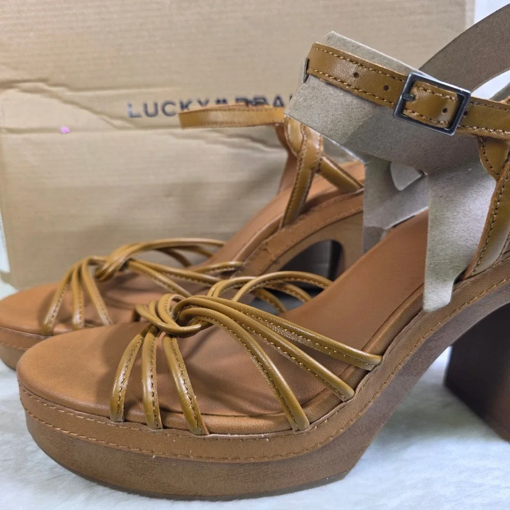 Lucky Brand Platform Sandals Brown Leather Strappy Block Heel Women 11 New